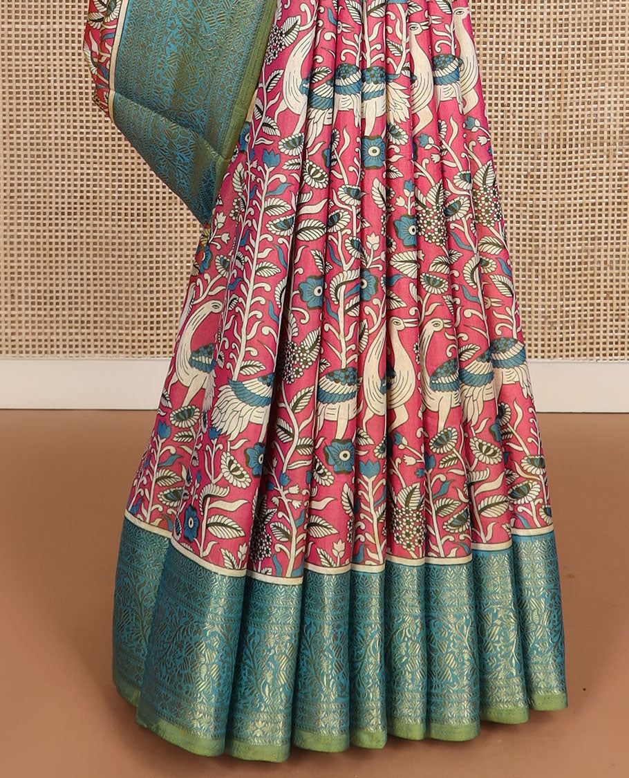 Pink flora and fauna patola silk saree, contrast floral design zari border, and pallu of floral and bird motifs