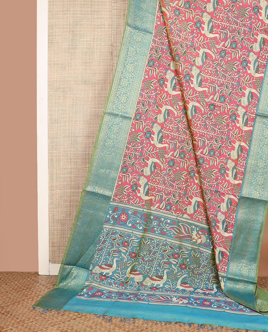 Pink flora and fauna patola silk saree, contrast floral design zari border, and pallu of floral and bird motifs