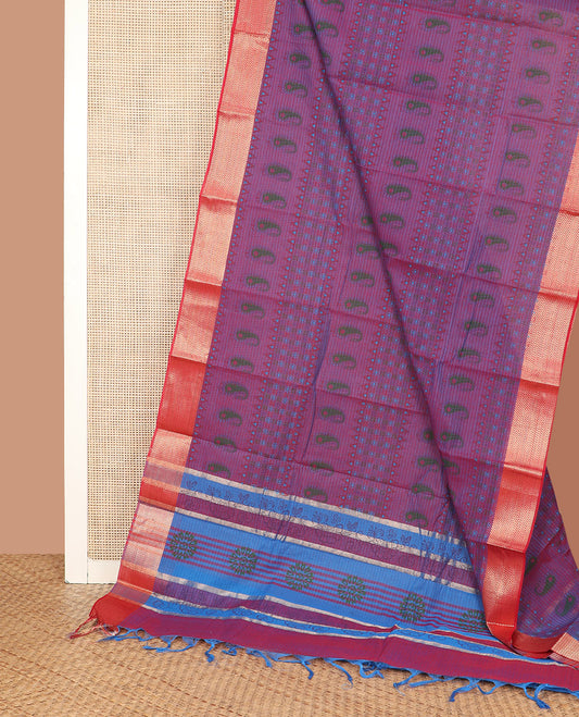 Purple Chirala Cotton Saree Detailed with Paisley and Geometric Motifs Printed All Over Its Body, Complemented by a Contrast Chevron Zari Border, Pallu of Floral Motifs Print, and Paired with a Contrast Blouse