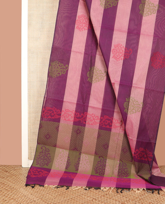 Borderless Purple and Pink Coimbatore Cotton Saree, Vibrantly Designed with Buttas All Over Its Body, Complemented by Pallu of Floral-Geometric Designs, and Paired with a Matching Blouse