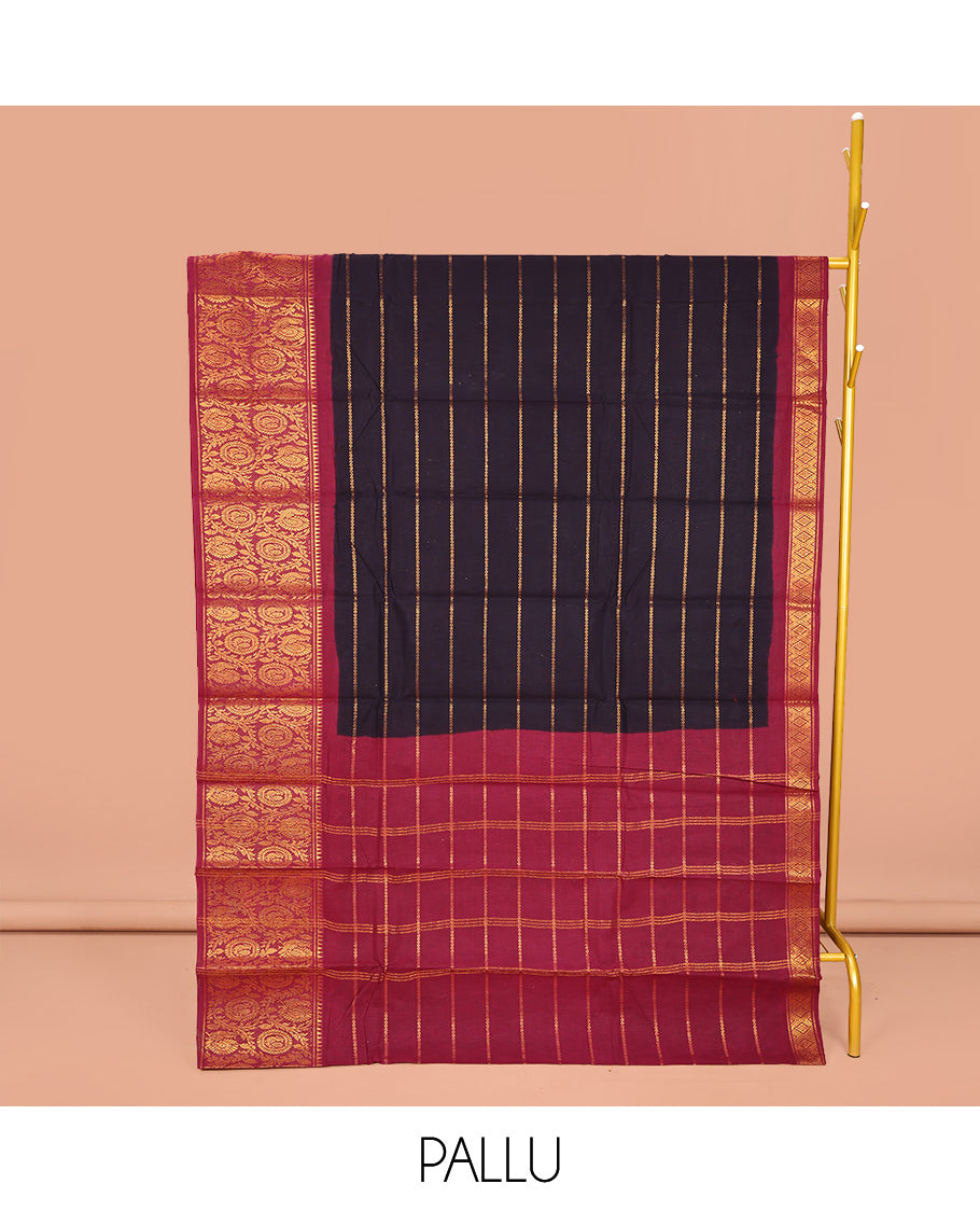 Blue Sungudi Cotton Saree, Elevated with Stripes on Its Body, Complemented by a Contrast Border of Round Peacock and Floral Vine Designs, Zari Striped Pallu, and Has No Blouse