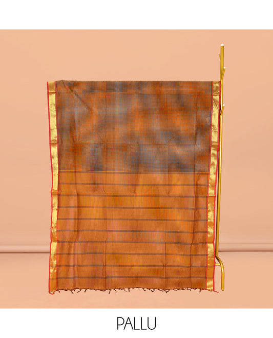 Orange Micro-Checked Poly Cotton Saree, Complemented by a Contrast Zari Border, Contrast Striped Pallu, and Paired with a Contrast Blouse
