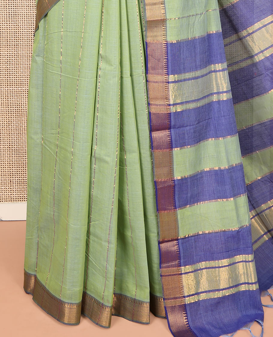 Pista Green Striped Mangalgiri Cotton Saree, Complemented by Contrast Zari Temple Border, Zari-Striped Pallu, and Paired with a Contrast Blouse
