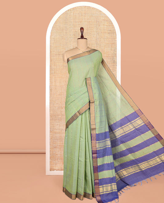 Pista Green Striped Mangalgiri Cotton Saree, Complemented by Contrast Zari Temple Border, Zari-Striped Pallu, and Paired with a Contrast Blouse