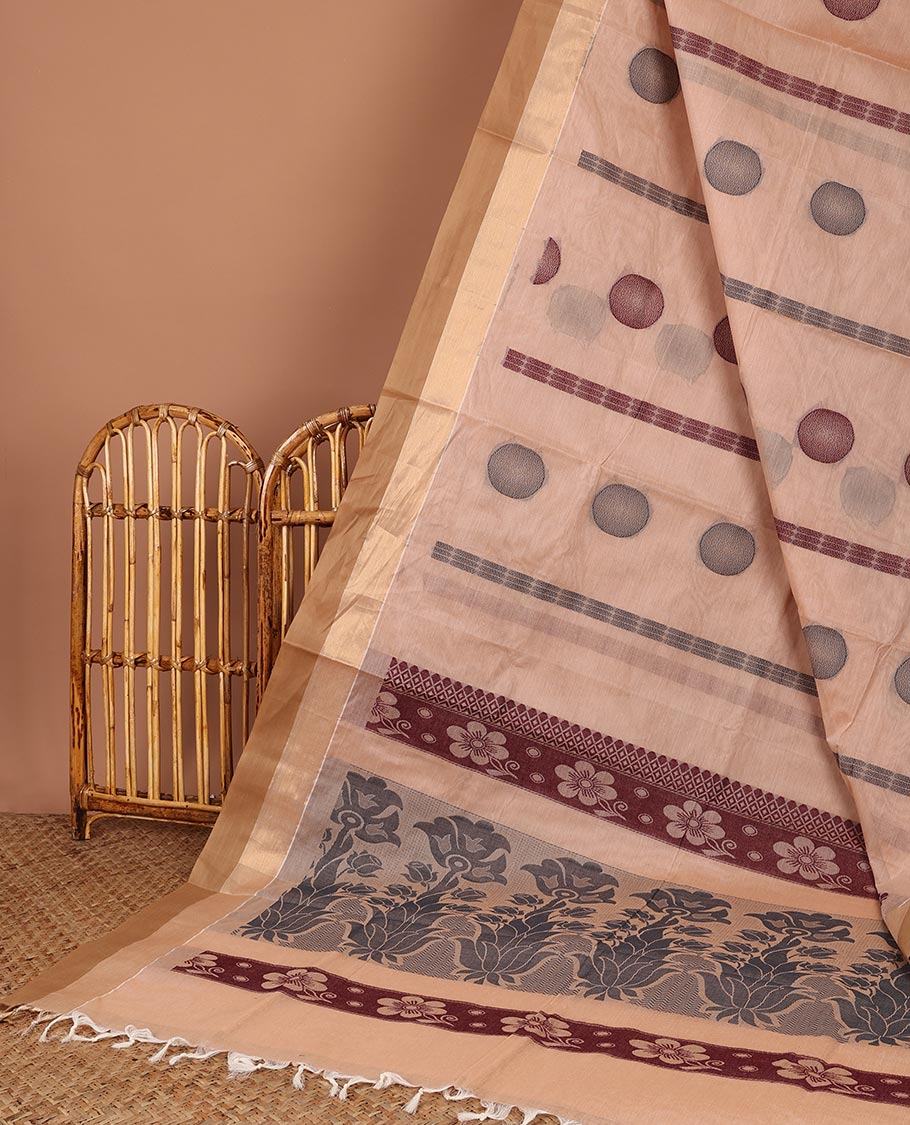 Sandal buttas Coimbatore cotton saree, contrast border & floral design pallu