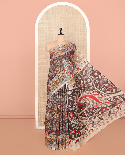 Brown Kalamkari Cotton Saree, Accentuated with Floral Print, Contrast Floral-Peacock Border, Pallu of Peacock Print, and a Contrast Blouse