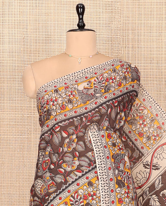Brown Kalamkari Cotton Saree, Accentuated with Floral Print, Contrast Floral-Peacock Border, Pallu of Peacock Print, and a Contrast Blouse
