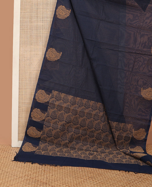 Blue striped kanchi cotton saree, self-border of temple & paisley designs, & pallu full of paisleys