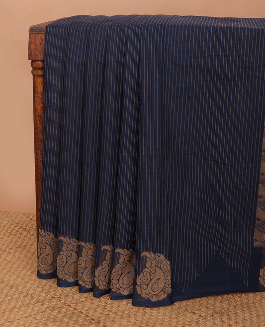 Blue striped kanchi cotton saree, self-border of temple & paisley designs, & pallu full of paisleys