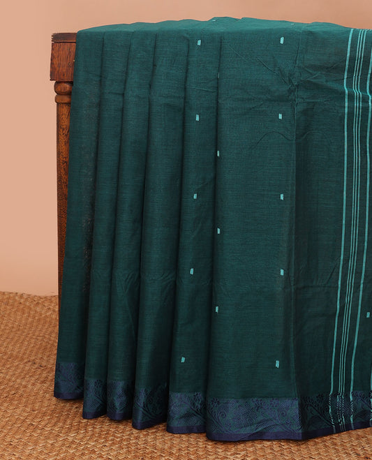 Green buttas Bengal cotton saree, contrast floral creeper thread border & pallu of buttas & stripes