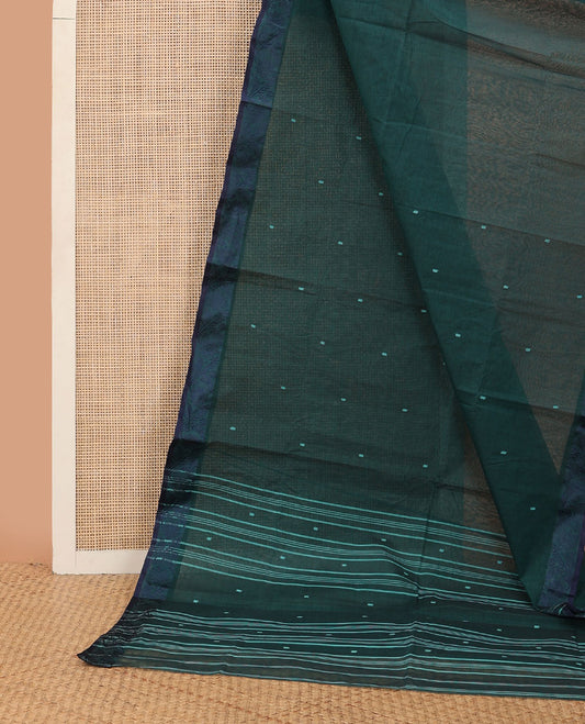 Green buttas Bengal cotton saree, contrast floral creeper thread border & pallu of buttas & stripes