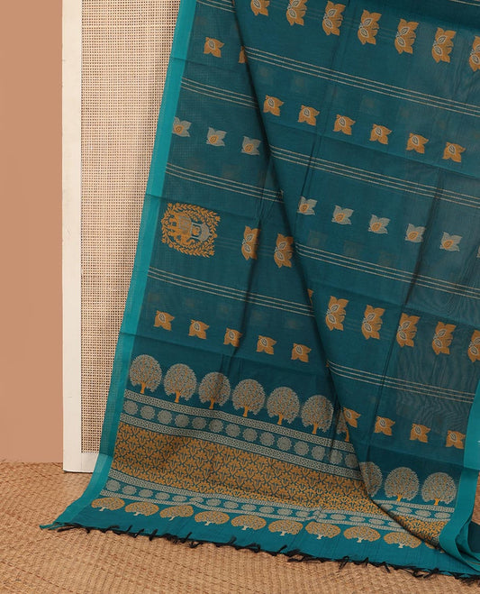 Blue leaf, stripes, and elephant motifs Kanchi cotton saree, contrast plain border, and pallu of tree, and floral motifs