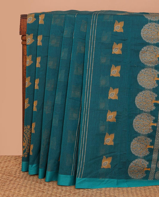 Blue leaf, stripes, and elephant motifs Kanchi cotton saree, contrast plain border, and pallu of tree, and floral motifs