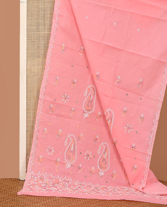 Pink colorful embroidered buttas Lucknowi chikankari saree, thread embroidered border, and floral-paisley motifs embroidered pallu