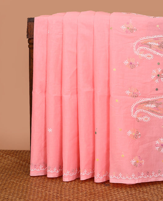 Pink colorful embroidered buttas Lucknowi chikankari saree, thread embroidered border, and floral-paisley motifs embroidered pallu