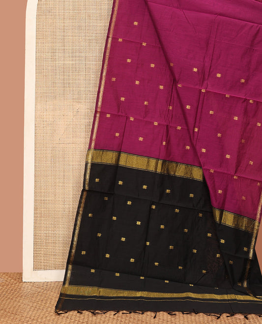 Purple Maheshwari Cotton Saree, Enriched with Flower Buttas All Over Its Body, Subtly Woven Piping Border, Captivating Contrast Pallu Steeped with Buttas, and Paired with a Contrast Blouse