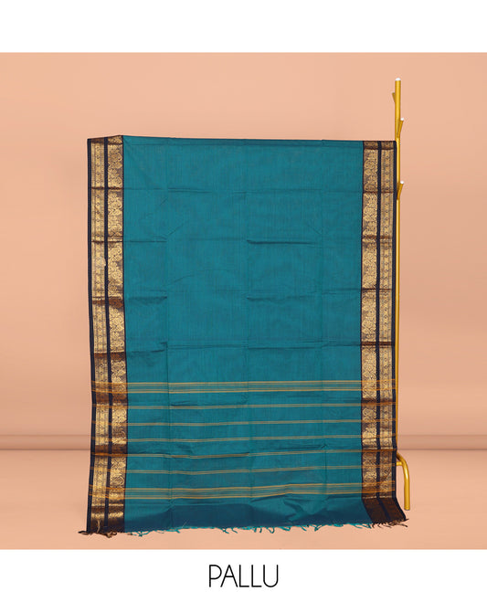 Blue Plain Chettinad Cotton Saree, Complemented by Contrast Traditional Zari Design Border, Striped Pallu, and Paired with Matching Blouse