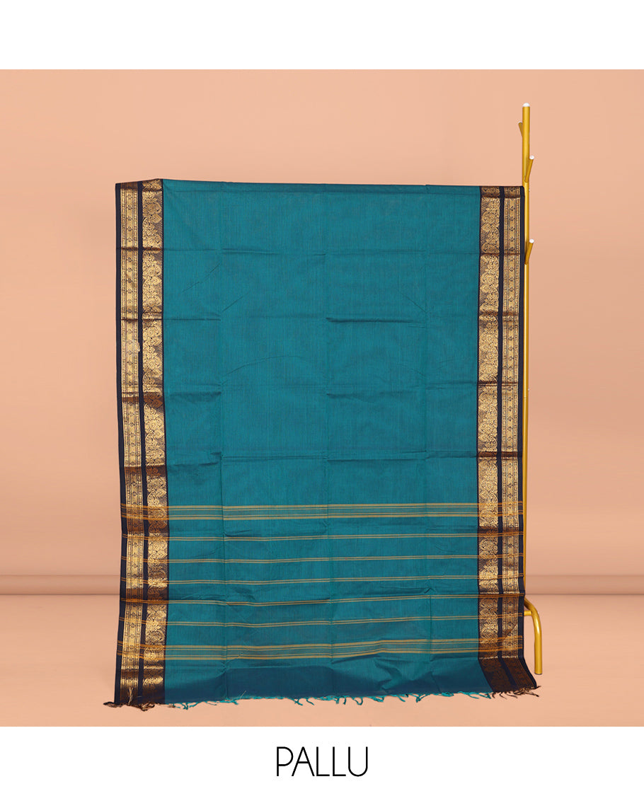 Blue Plain Chettinad Cotton Saree, Complemented by Contrast Traditional Zari Design Border, Striped Pallu, and Paired with Matching Blouse