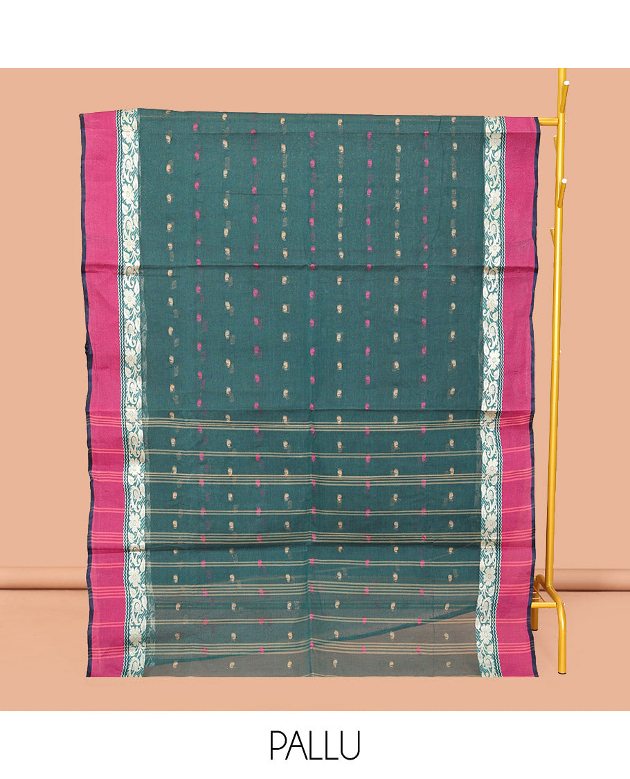 Green Bengal Cotton Saree Features Thread Buttas, a Contrast Floral Creeper Border, Pallu of Stripes, and Buttas, and a Matching Blouse