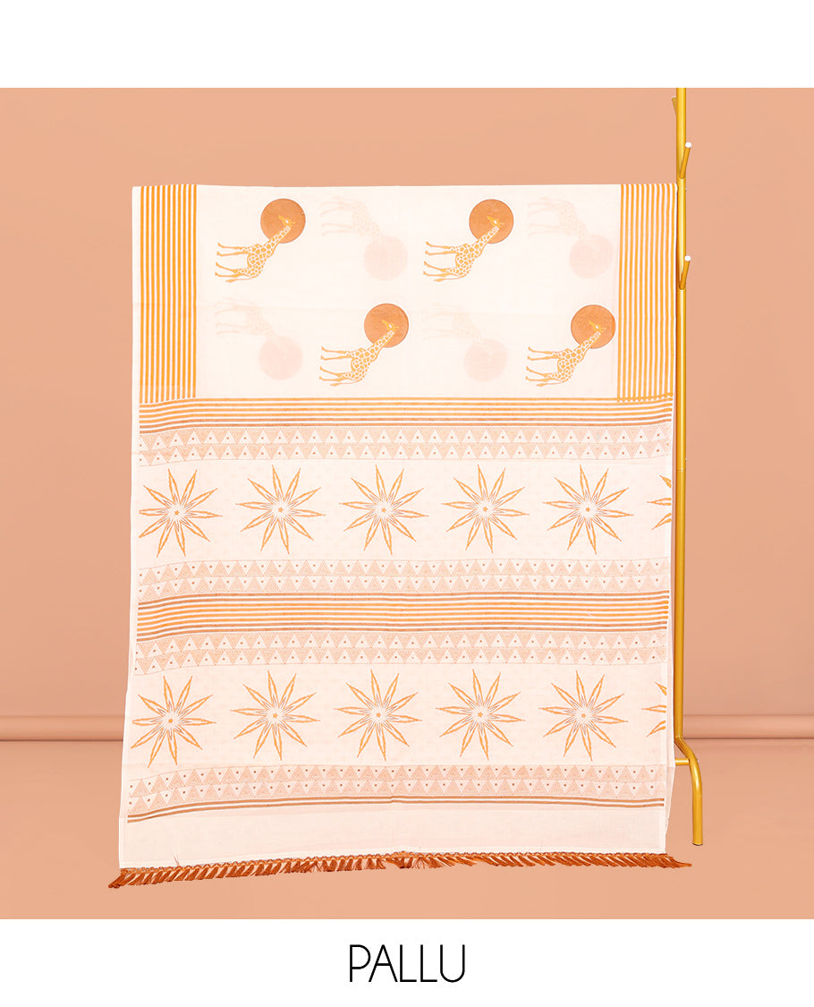 Cream Kerala Cotton Saree, Elevated with Sun and Giraffe Motifs, a Subtle Striped Border, and a Matching Blouse