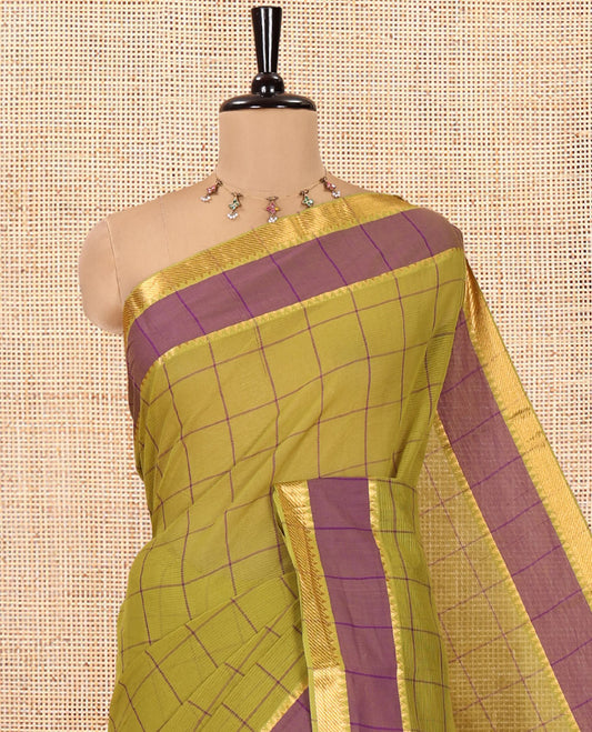 Green Andhra Cotton Saree, Adorned with Checks, a Contrast Temple Thread Border, Striped Pallu, and a MatchingBlouse