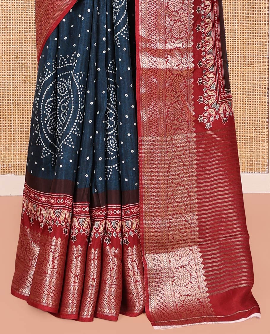Blue Dola Silk Saree, Detailed with Bandhani Dots on Its Body, Complemented by Contrast Border, Zari Striped  Pallu, and Paired with a Contrast Blouse