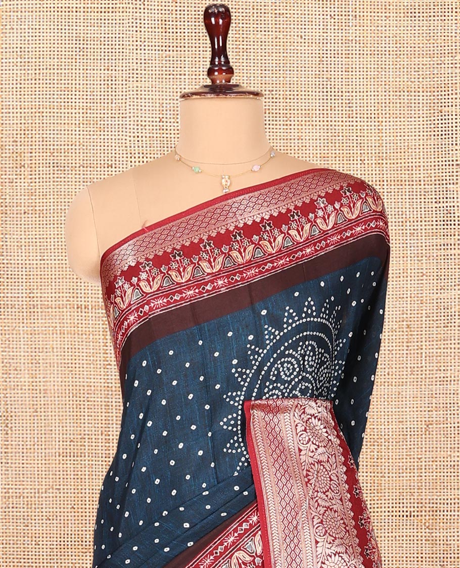 Blue Dola Silk Saree, Detailed with Bandhani Dots on Its Body, Complemented by Contrast Border, Zari Striped  Pallu, and Paired with a Contrast Blouse