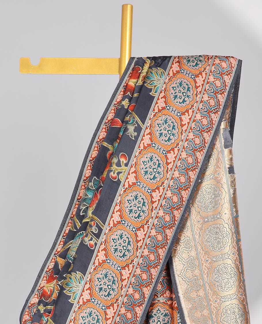 Black floral vine design semi-banaras dola silk saree with contrast border & intricate design pallu