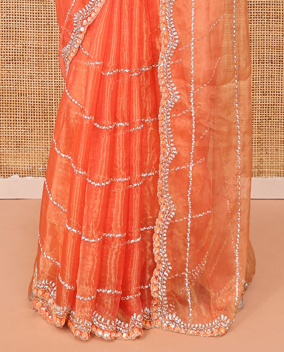 Dusky Peach Stone-Kardana Work Organza Designer Saree with a Scallop Embroidery Border, Matching Blouse