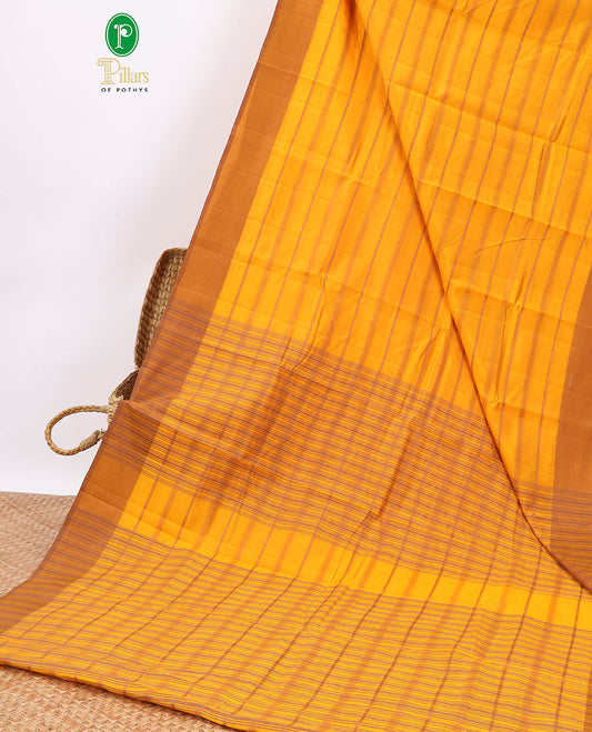 Yellow striped semi-banaras tussar saree with contrast border & checked pallu