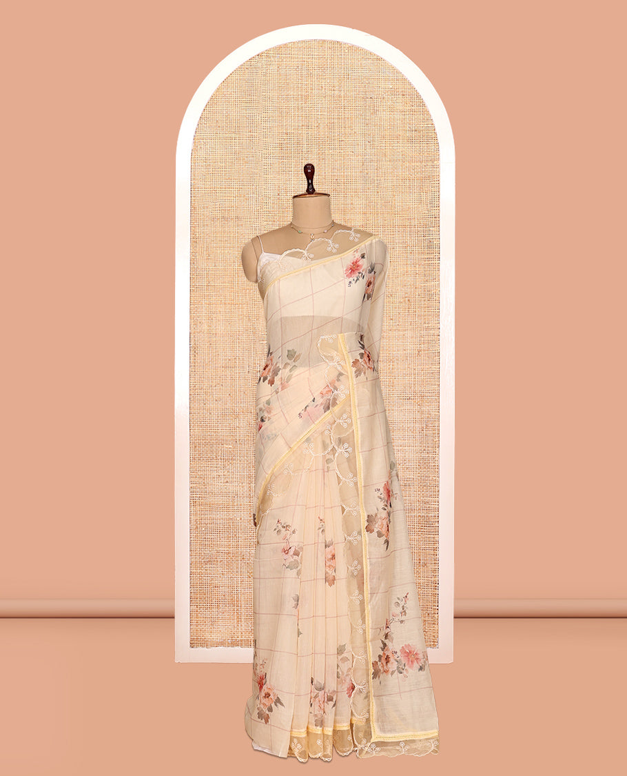 Sandal Floral Motifs Chanderi Cotton Saree