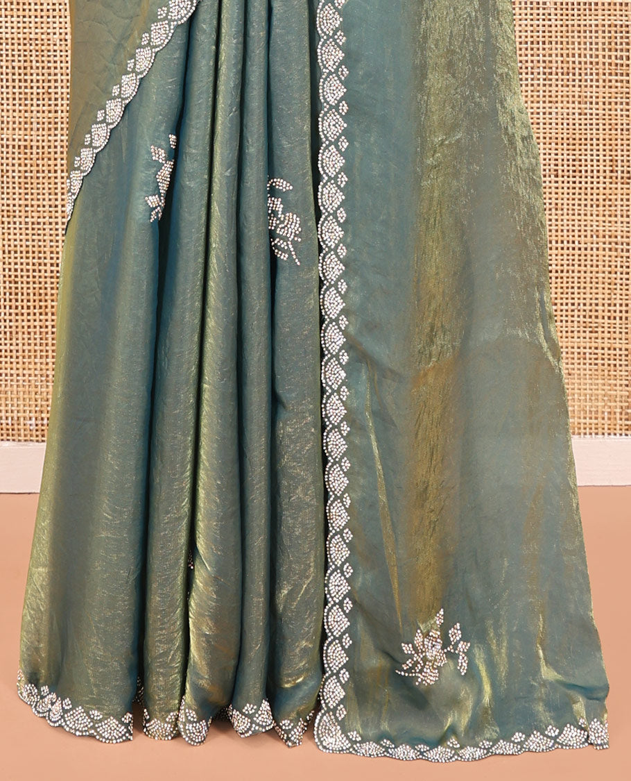 Green Designer Saree, Beautified with Stone Work All Over Its Body, Highlighted by Stone Work Border, and Paired with a Matching Blouse