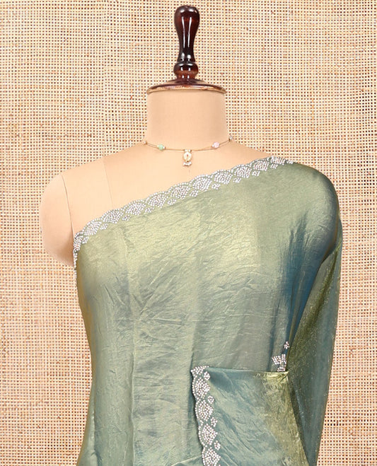 Green Designer Saree, Beautified with Stone Work All Over Its Body, Highlighted by Stone Work Border, and Paired with a Matching Blouse