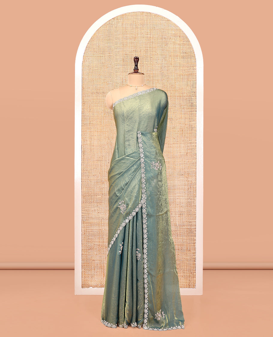 Green Designer Saree, Beautified with Stone Work All Over Its Body, Highlighted by Stone Work Border, and Paired with a Matching Blouse