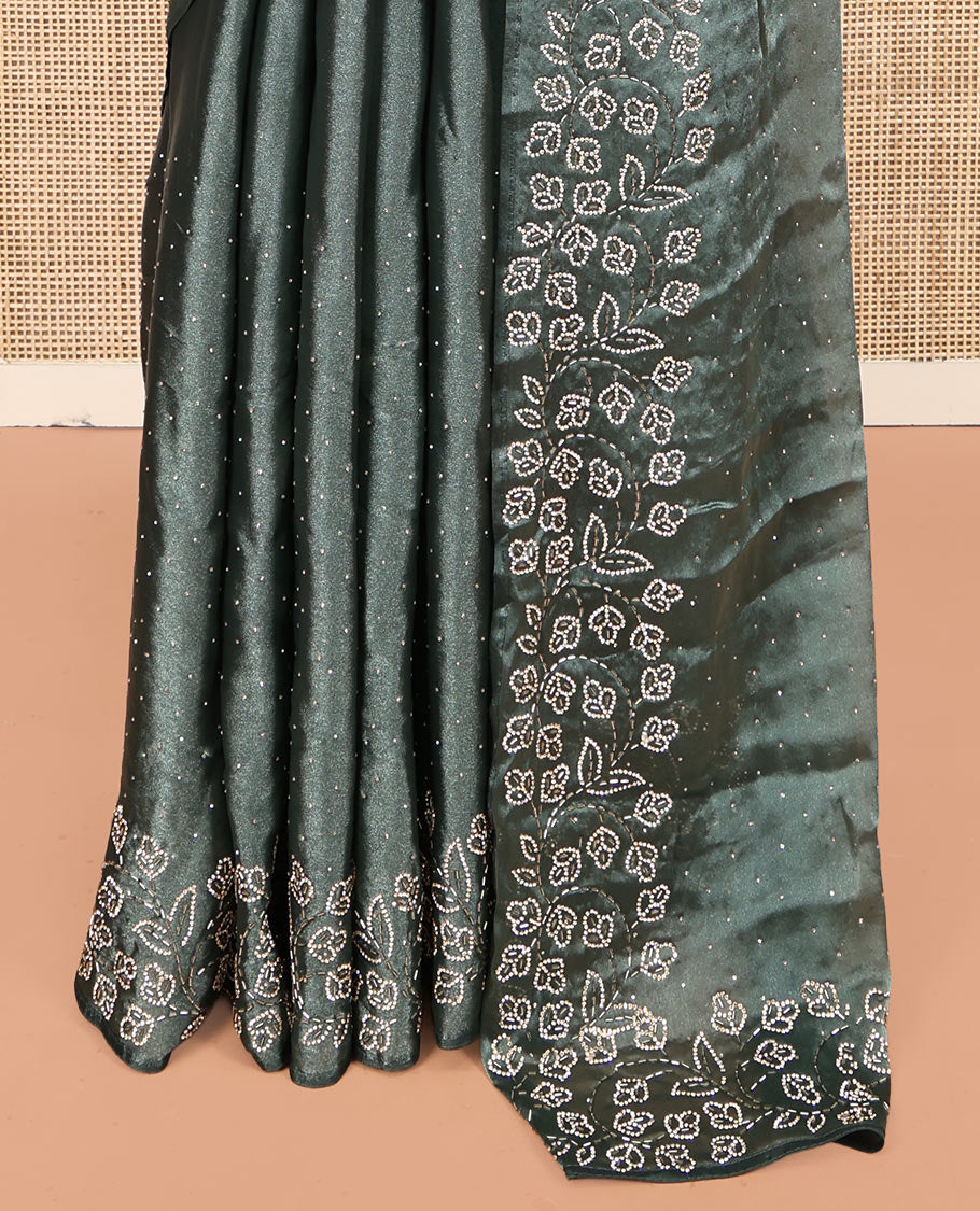 Grey Designer Saree, Enthralled with Stone Work All Over Its Body, a Scallop Floral Embroidered Border, and Matching Blouse