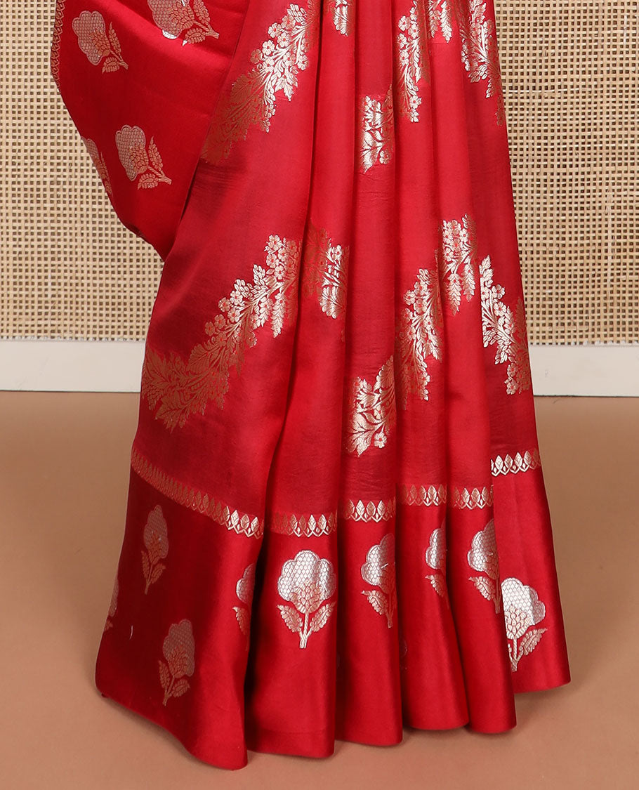 Red floral design raw mango silk saree with self zari design border & floral design pallu