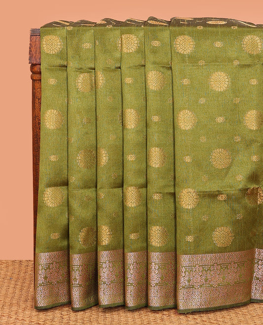 Green chakram buttas dupion saree, intricately designed border, and thread striped pallu