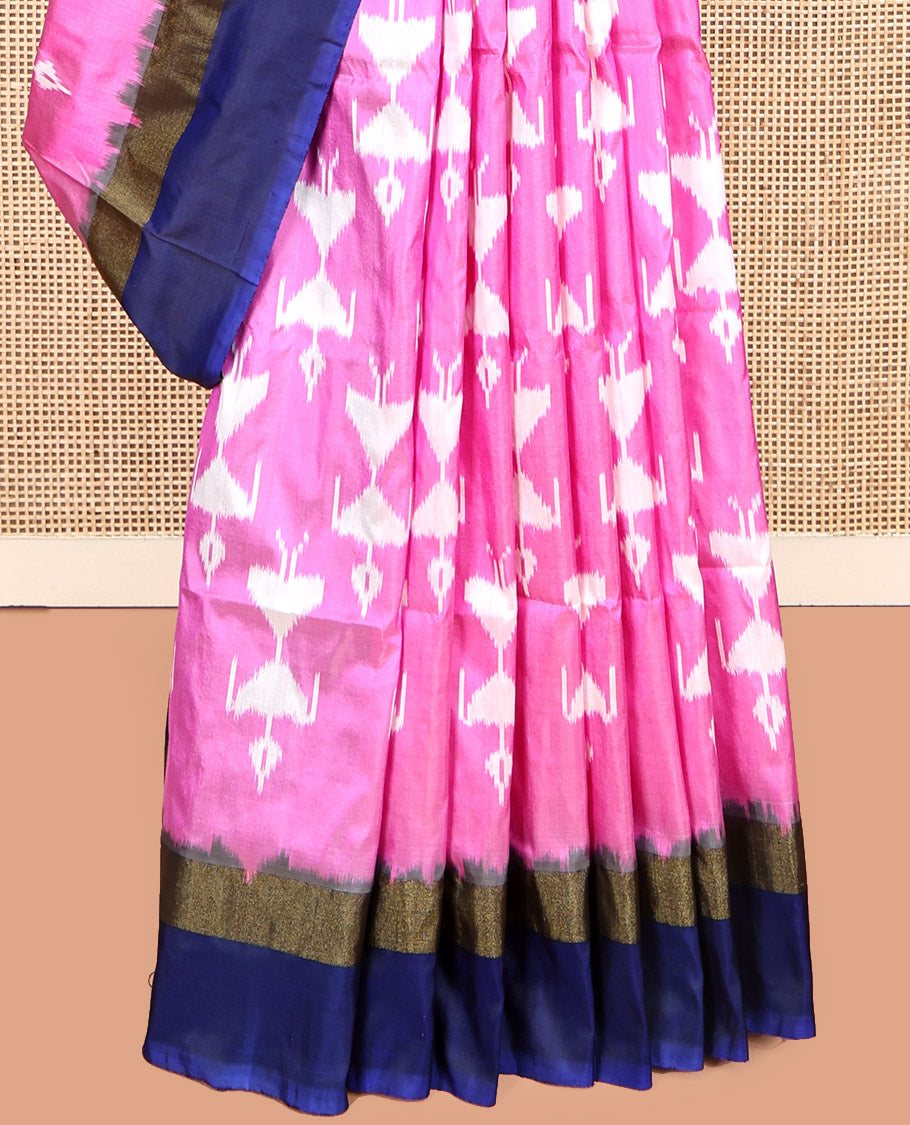 Pink Pochampally Ikat Saree, Artfully Detailed with Warli Ikat Motifs, a Contrast Chevron Striped Border, Ikat-Style Temple Pallu, and a Contrast Blouse