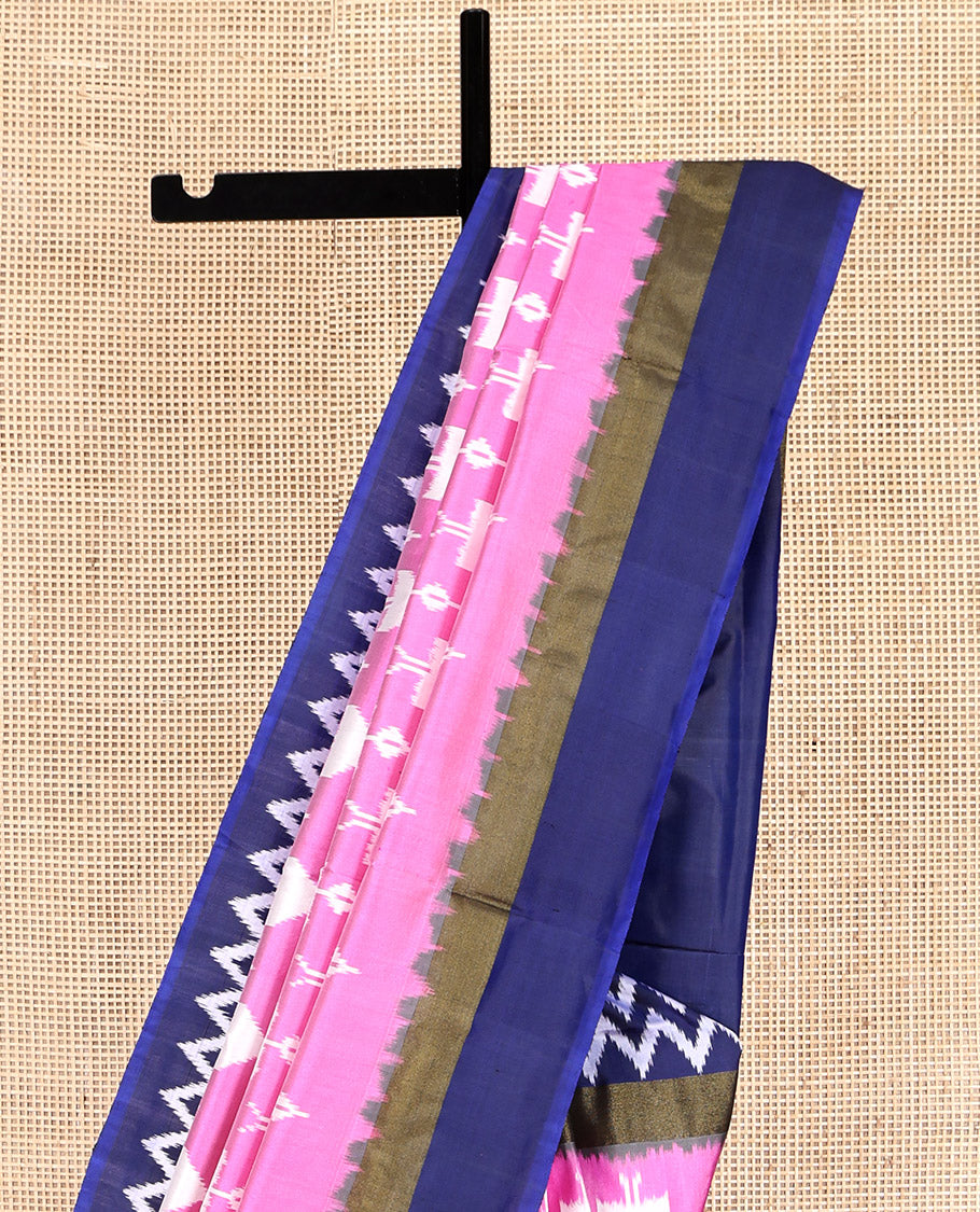 Pink Pochampally Ikat Saree, Artfully Detailed with Warli Ikat Motifs, a Contrast Chevron Striped Border, Ikat-Style Temple Pallu, and a Contrast Blouse