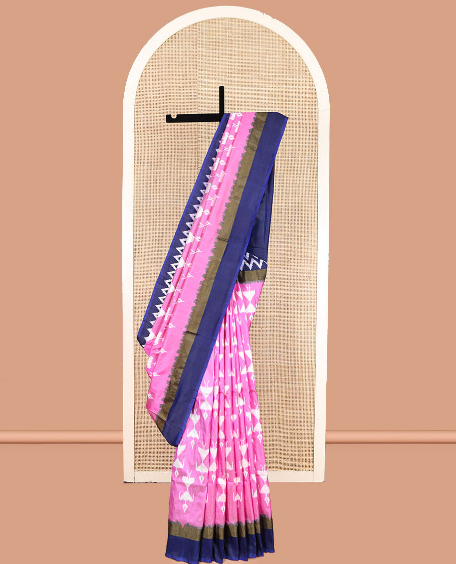 Pink Pochampally Ikat Saree, Artfully Detailed with Warli Ikat Motifs, a Contrast Chevron Striped Border, Ikat-Style Temple Pallu, and a Contrast Blouse