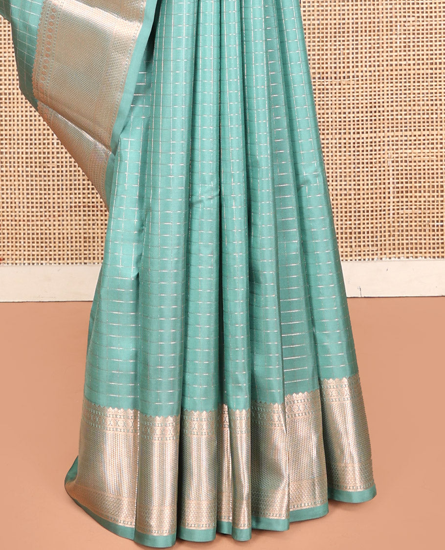 Green Kanchipuram Silk Saree, Richly Detailed with Checks, Zari Border of Mayil Kann, and Rudraksham Designs, Sparsely Woven Pallu, and Matching Blouse