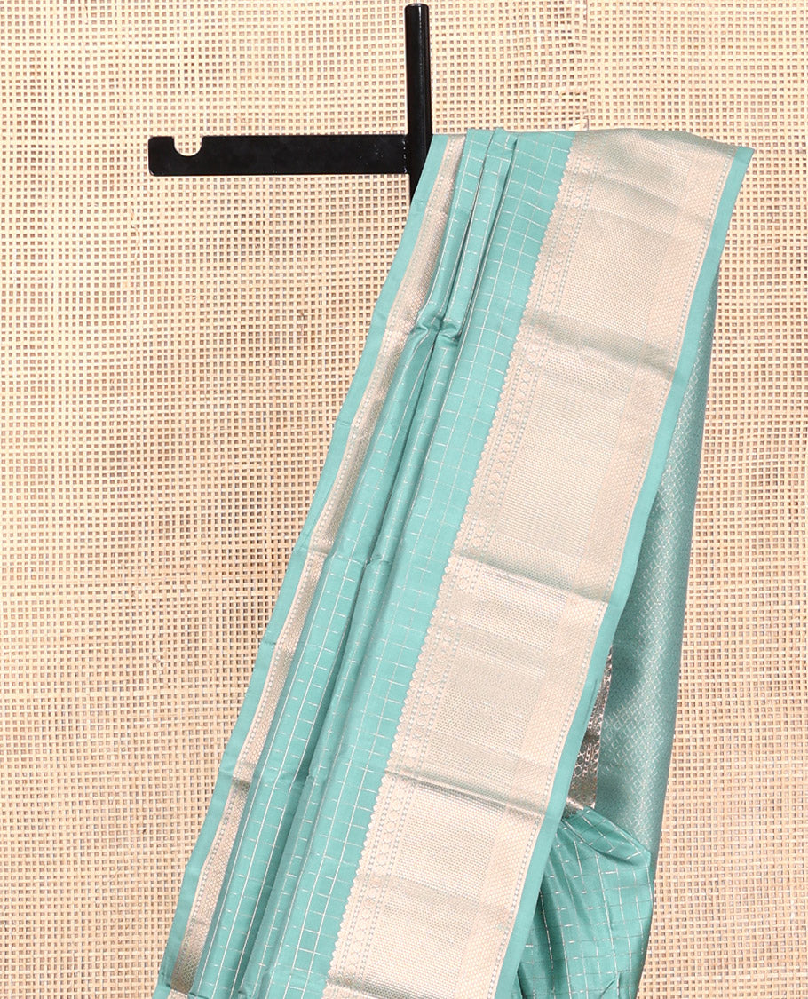 Green Kanchipuram Silk Saree, Richly Detailed with Checks, Zari Border of Mayil Kann, and Rudraksham Designs, Sparsely Woven Pallu, and Matching Blouse