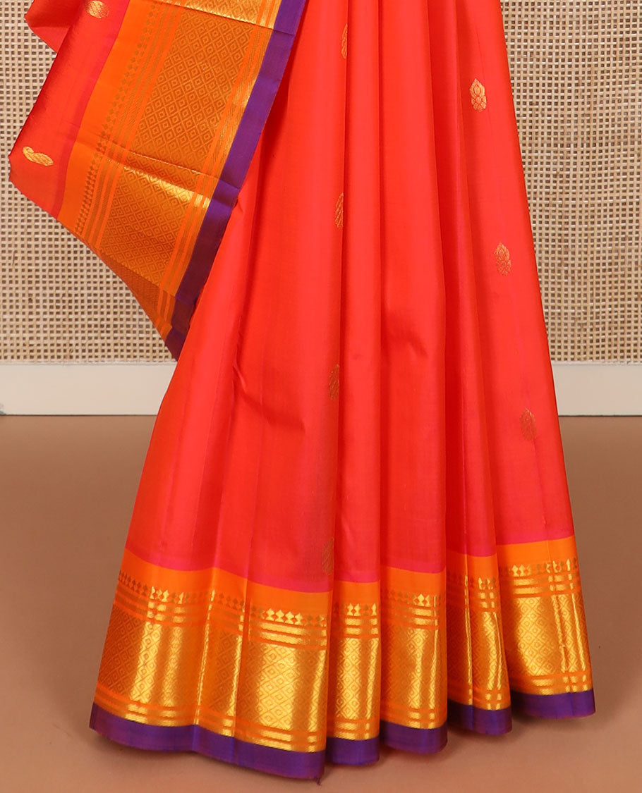 Red zari buttas Kanchipuram silk saree, contrast border of panner sombu,banaras & jaal & zari design pallu