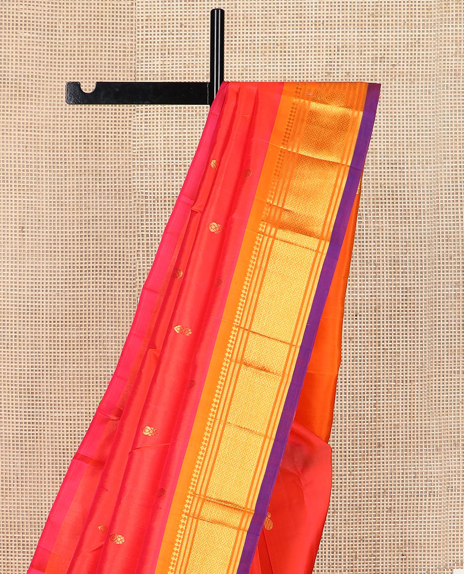 Red zari buttas Kanchipuram silk saree, contrast border of panner sombu,banaras & jaal & zari design pallu