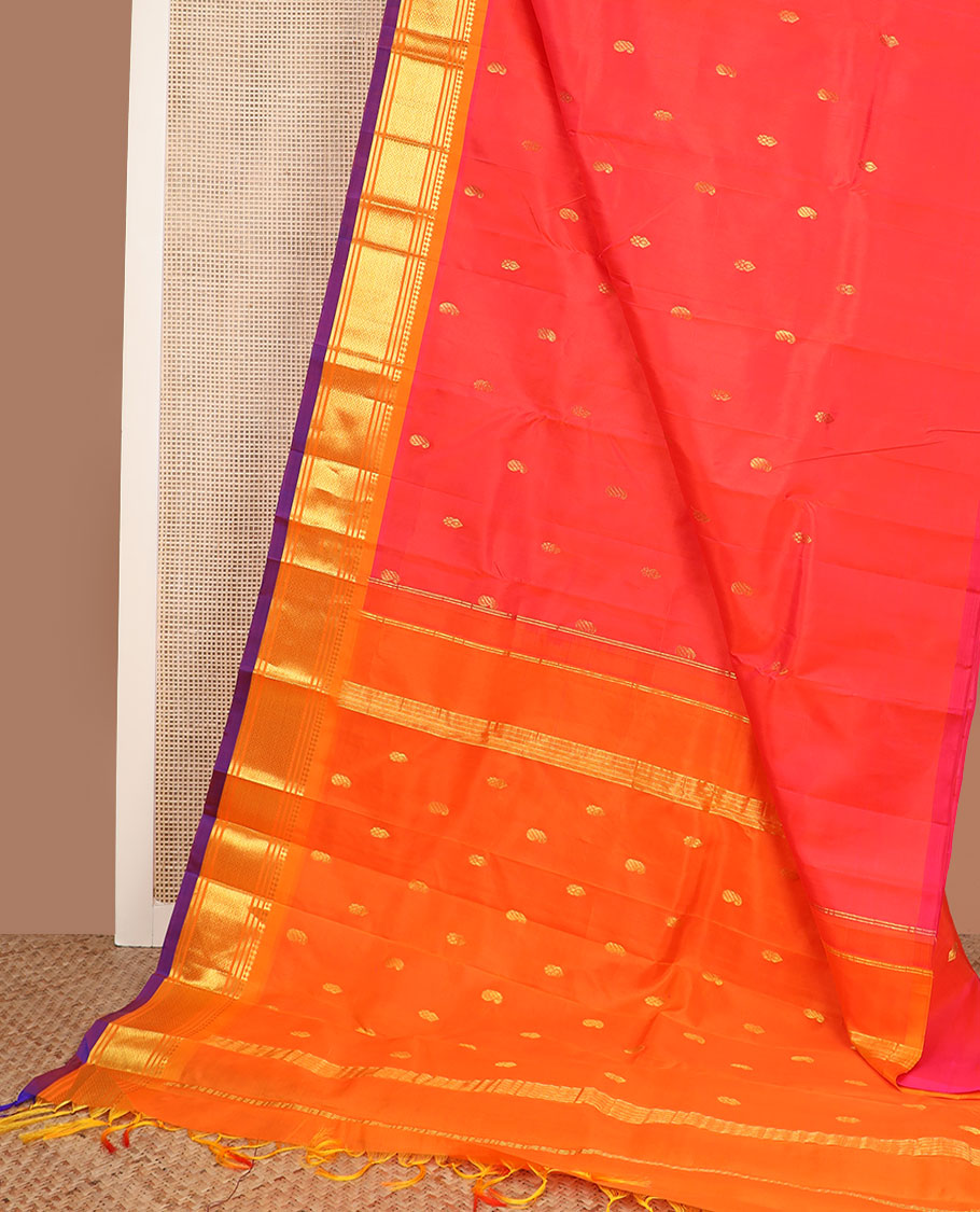 Red zari buttas Kanchipuram silk saree, contrast border of panner sombu,banaras & jaal & zari design pallu