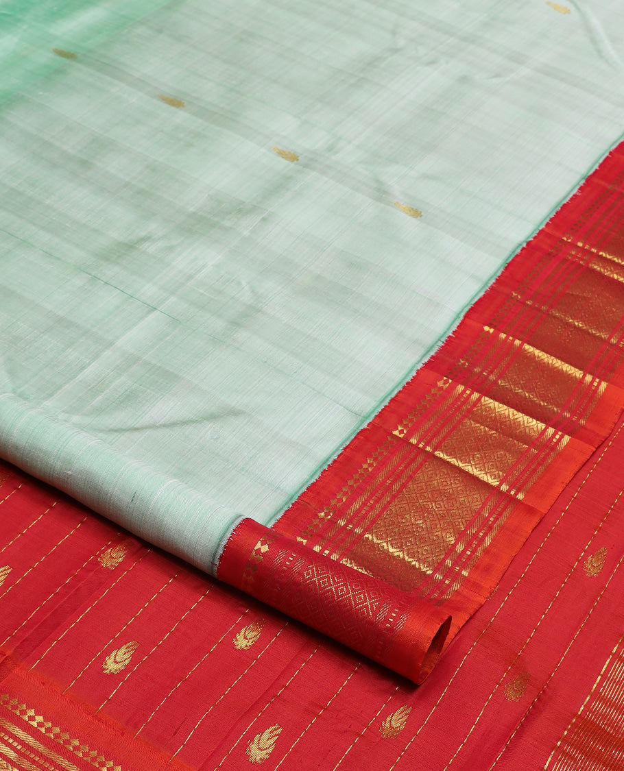 Light turquoise zari buttas Kanchipuram silk saree, contrast korvai border of  paneer sombu, banaras, muthu, and jaal design, and zari woven pallu