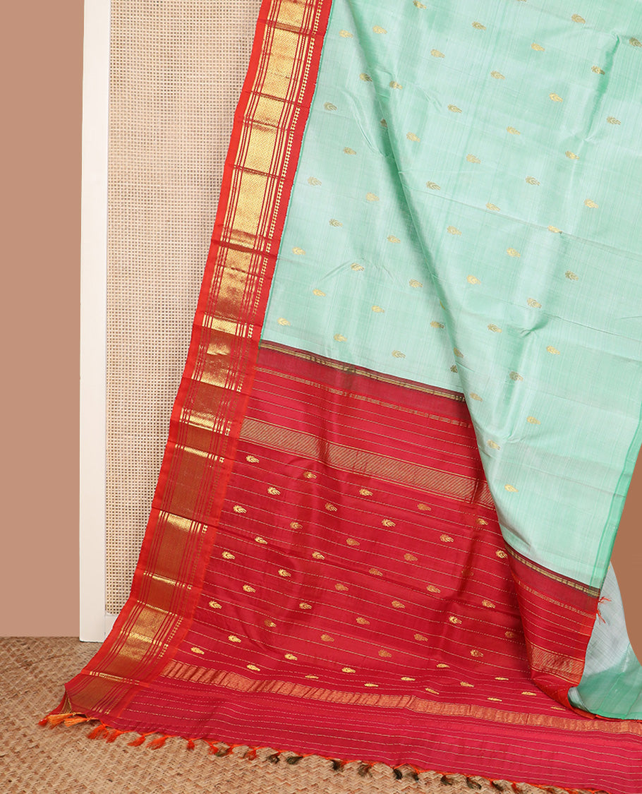Light turquoise zari buttas Kanchipuram silk saree, contrast korvai border of  paneer sombu, banaras, muthu, and jaal design, and zari woven pallu