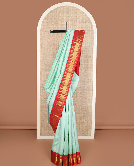 Light turquoise zari buttas Kanchipuram silk saree, contrast korvai border of  paneer sombu, banaras, muthu, and jaal design, and zari woven pallu