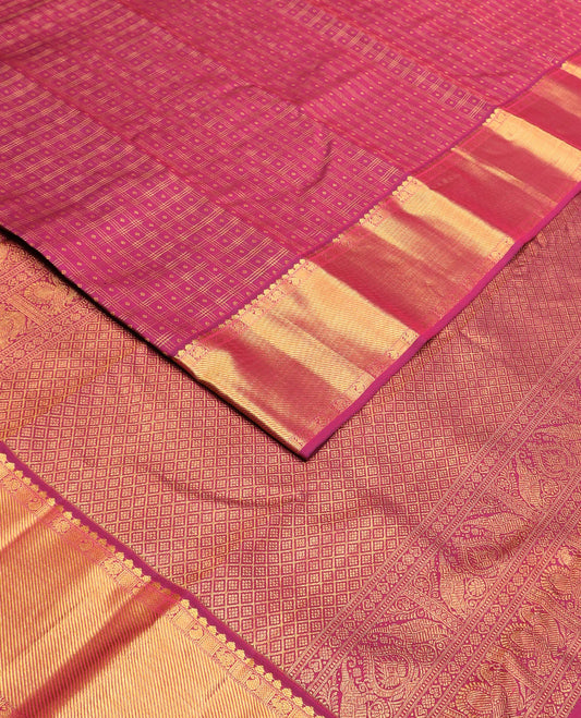 Pink zari buttas Kanchipuram silk saree, zari border of manga, mayil, and kuyil kann designs, and jaal pallu