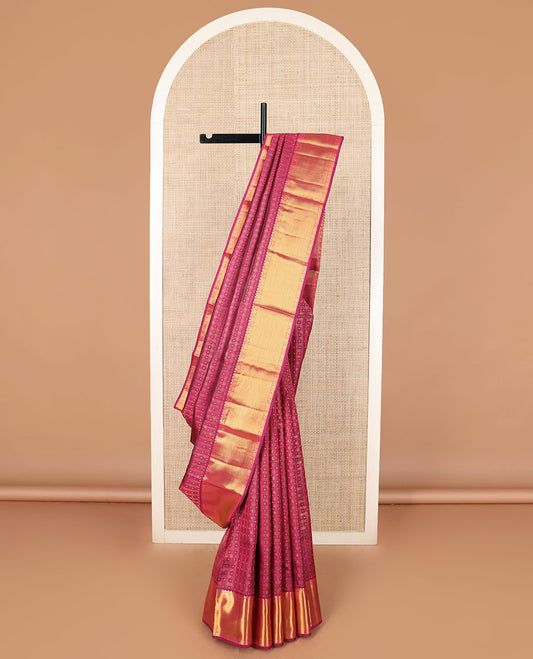 Pink zari buttas Kanchipuram silk saree, zari border of manga, mayil, and kuyil kann designs, and jaal pallu